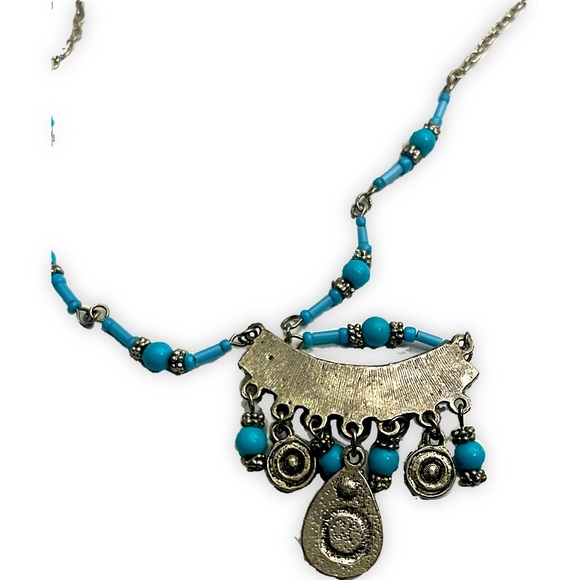 VTG Tribal Turquoise & Aqua Hand-Beaded Necklace W/Silver Accents Aqua Crystals - Picture 2 of 5